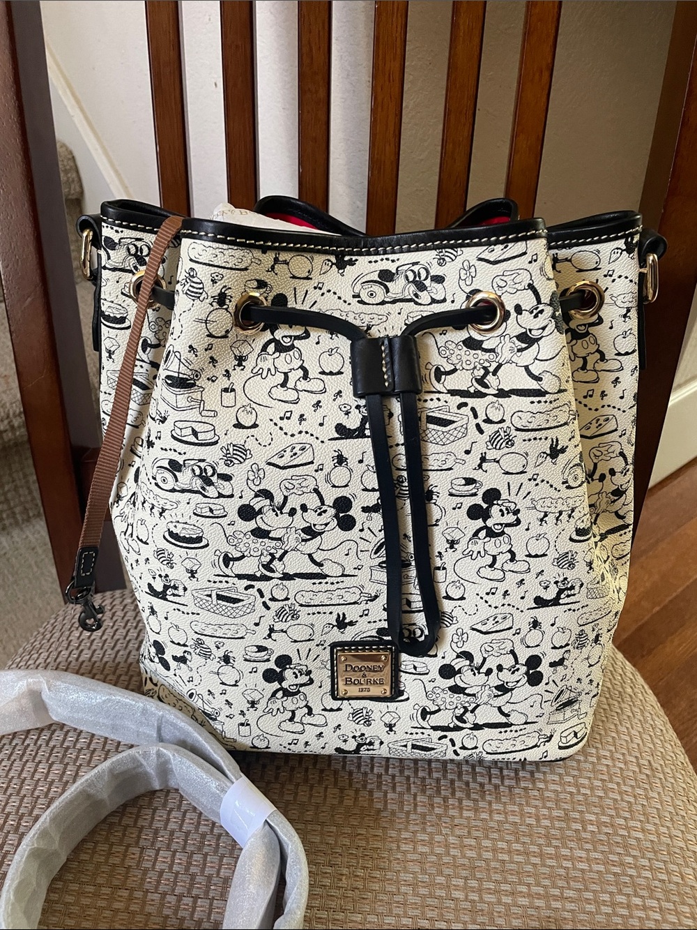 Disney Dooney & Bourke Cream and Black Mickey Picnic Drawstring Bucket Bag